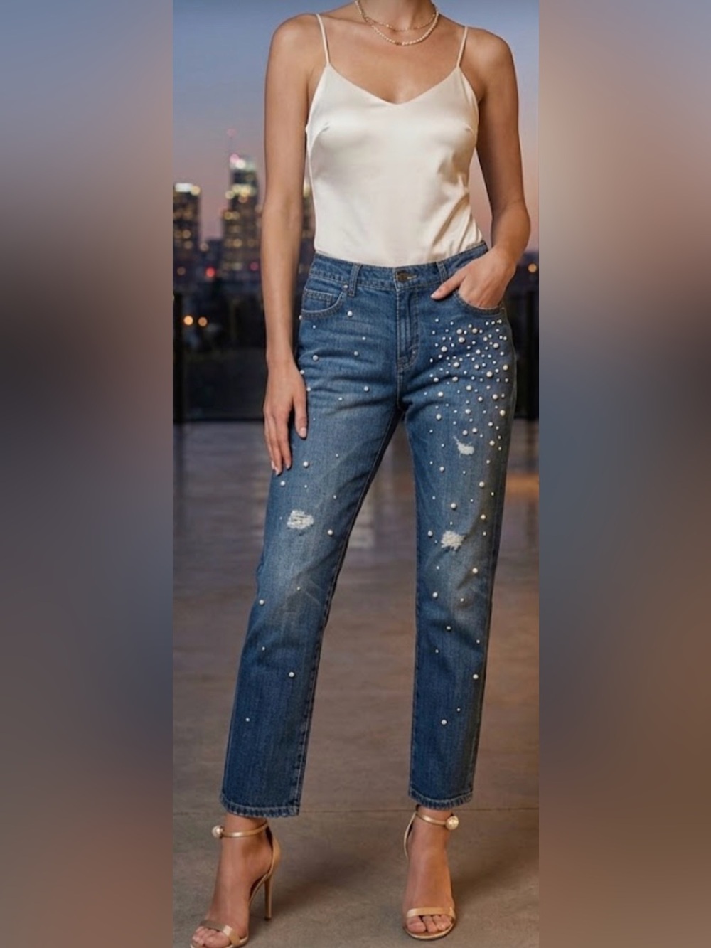 Current/Elliott Blue Pearl-Embellished Straight-Leg Jeans
